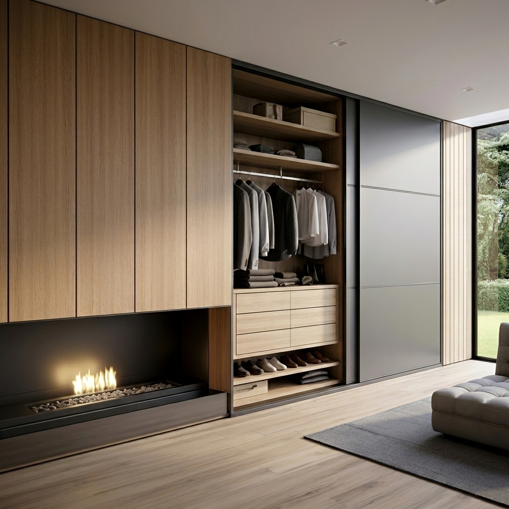 Встроенный шкаф-купе с древесными фасадами и серыми панелями